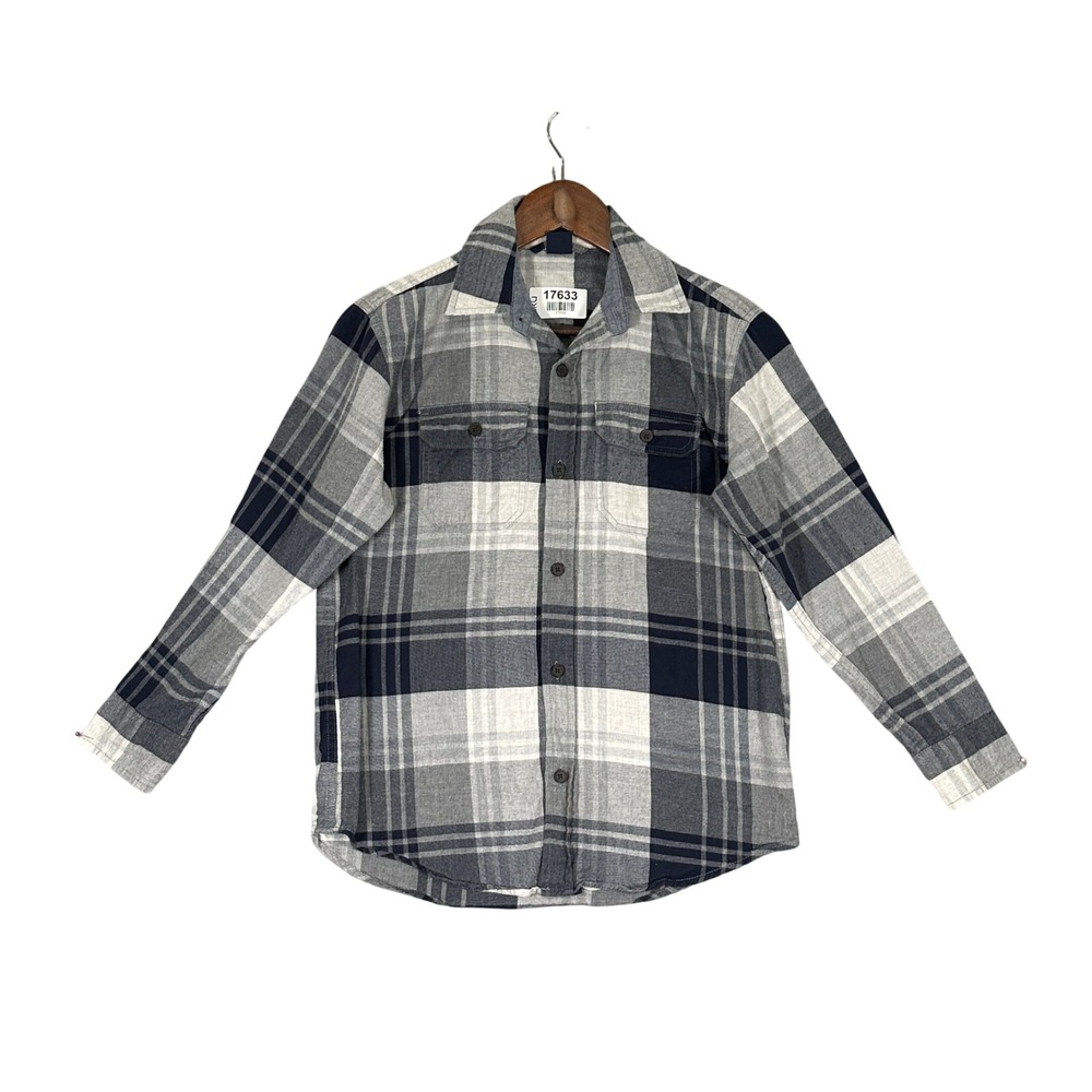 GapKids Flannel Shirt Boys Large 10 Blue Grey Plaid Button Down Excellent